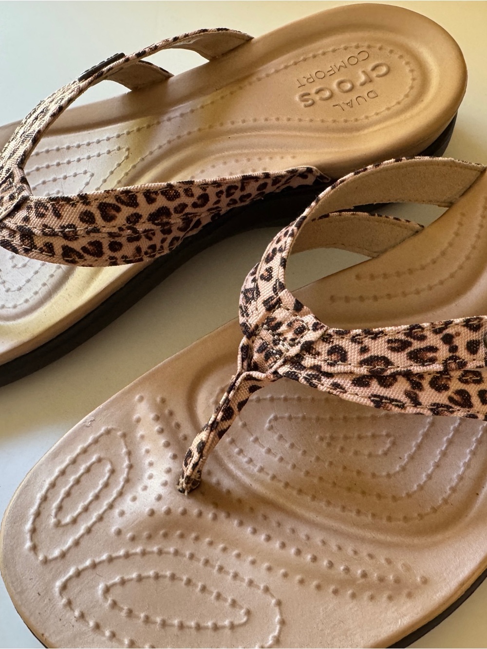 CROCS Women’s Leopard Print Thong Sandals in Tan and Brown